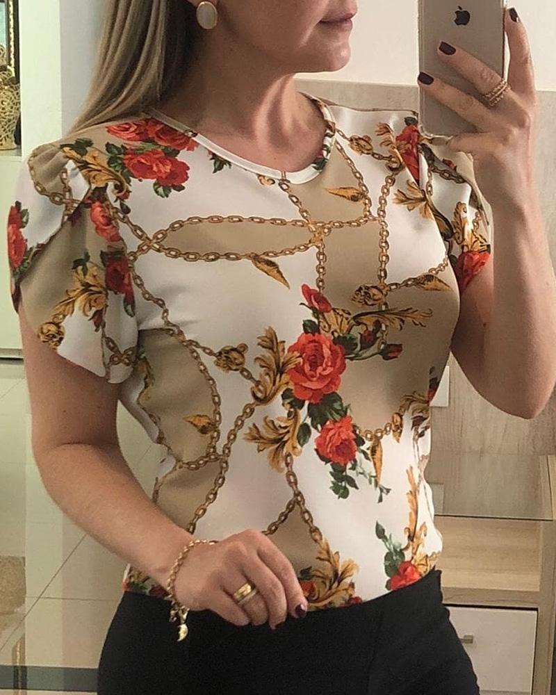 

Chains Floral Print Short Sleeve Casual Top