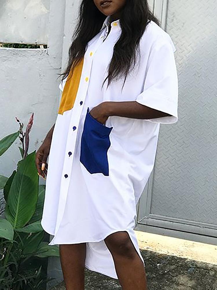 

Color Block Pocket Design Dip Hem Shirt Dress