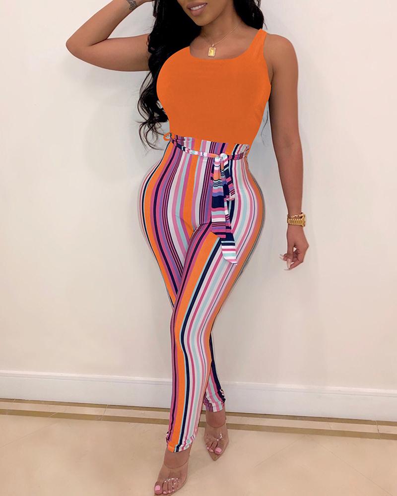 

Stripe Patchwork Tank Jumpsuit, Orange