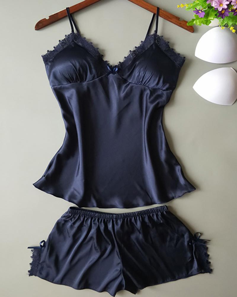 

V-neck Lace Trim Cami Set, Dark blue