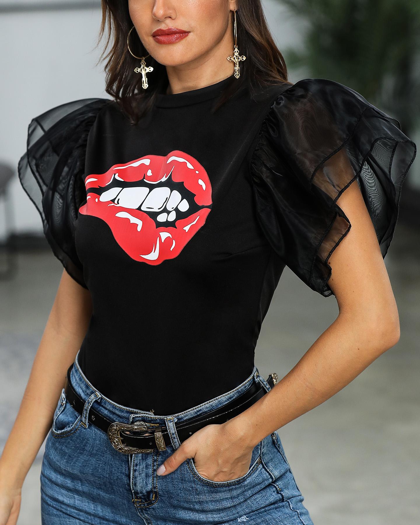 

Exaggerate Lips Print Mesh Layered Sleeve Tee, Black