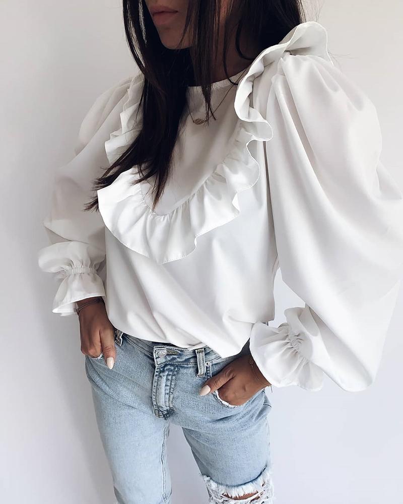 

Solid Lantern Sleeve Ruffles Blouse, White