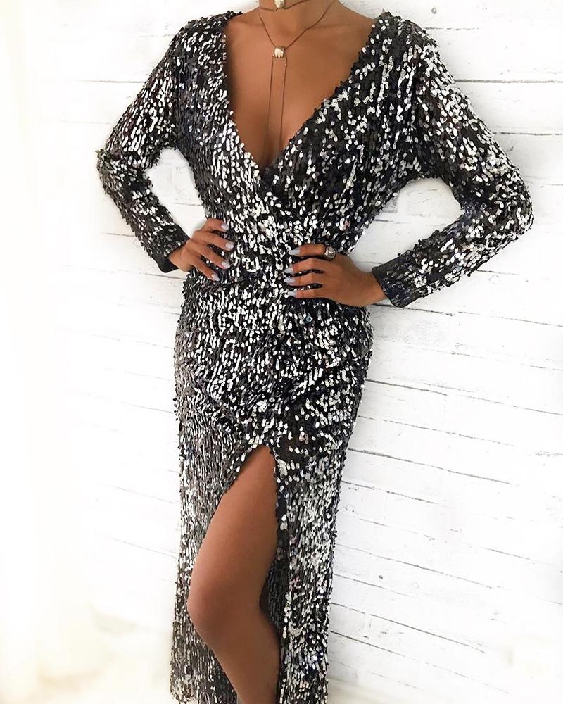 

Glitter Plunge Long Sleeve Slit Sequins Dress