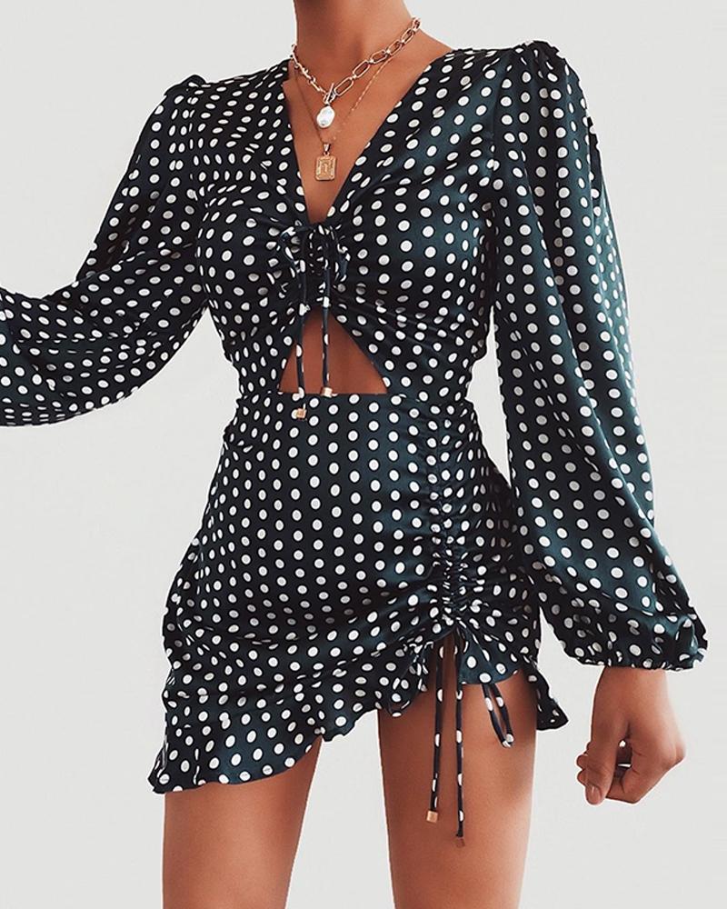 

Polka Dot Bust Tie Cutout Dress, Purplish blue