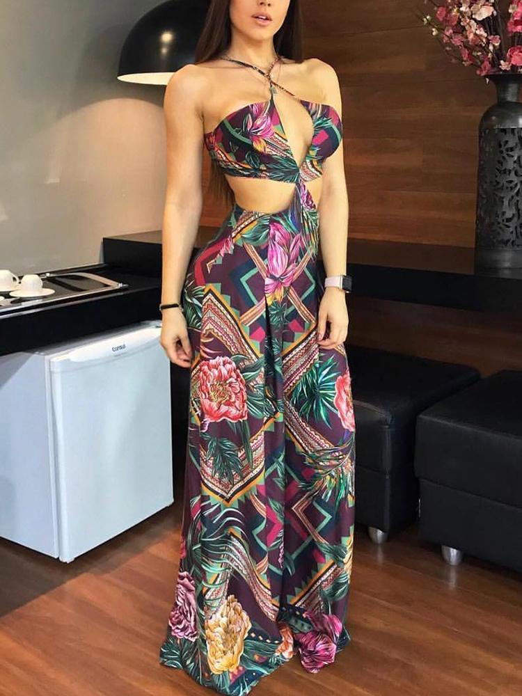 

Floral Print Cut Out Halter Wide Leg Jumpsuit