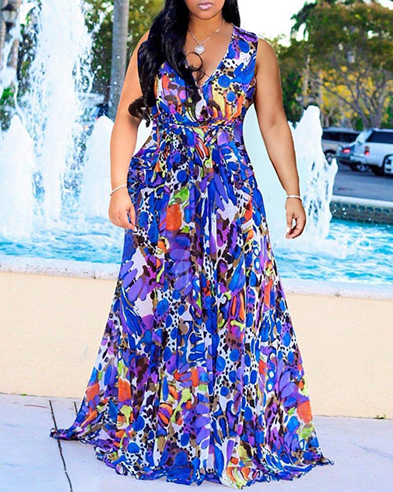 

V-neck Sleeveless Mixed Print Maxi Dress, Multicolor