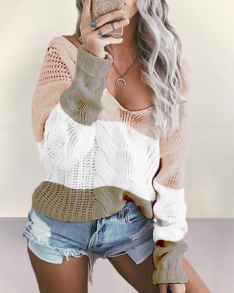 

V Neck Colorblock Insert Knitting Sweater, Pink