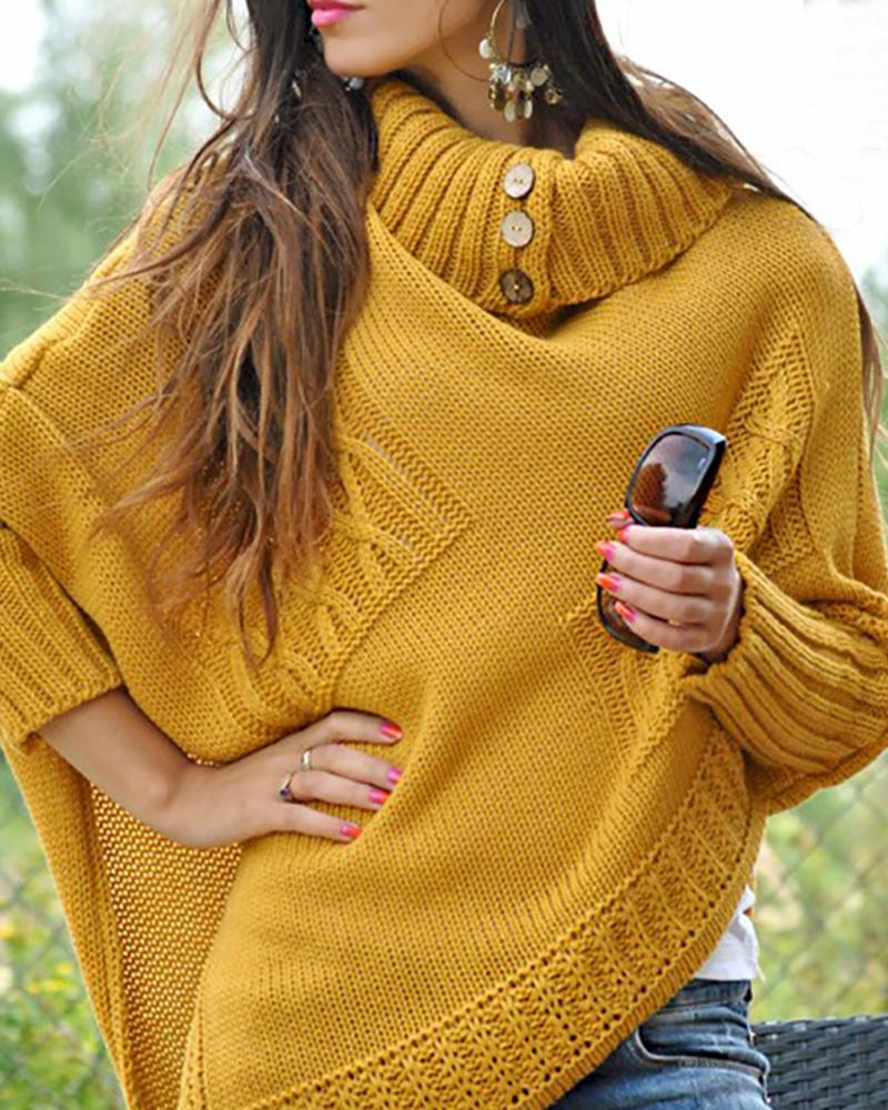 

High Neck Ribbed Knitting Irregular Hem Casual Sweater, Yellow