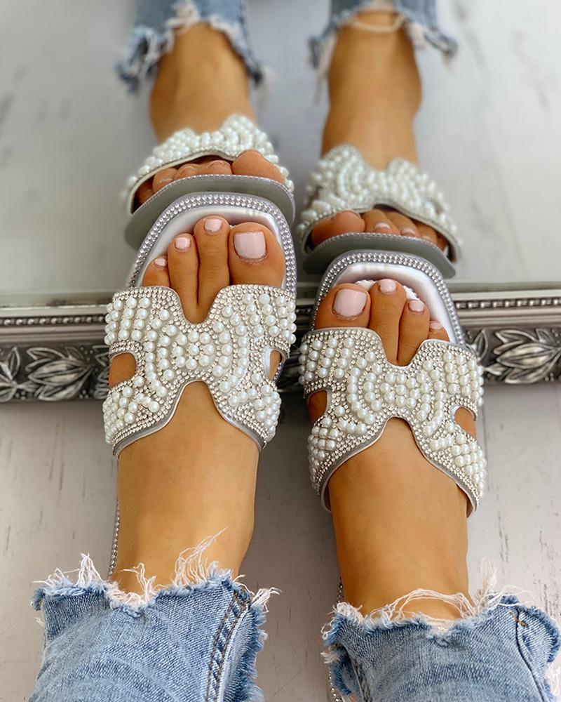 

Open Toe Beaded Cutout Flat Sandals, Silver