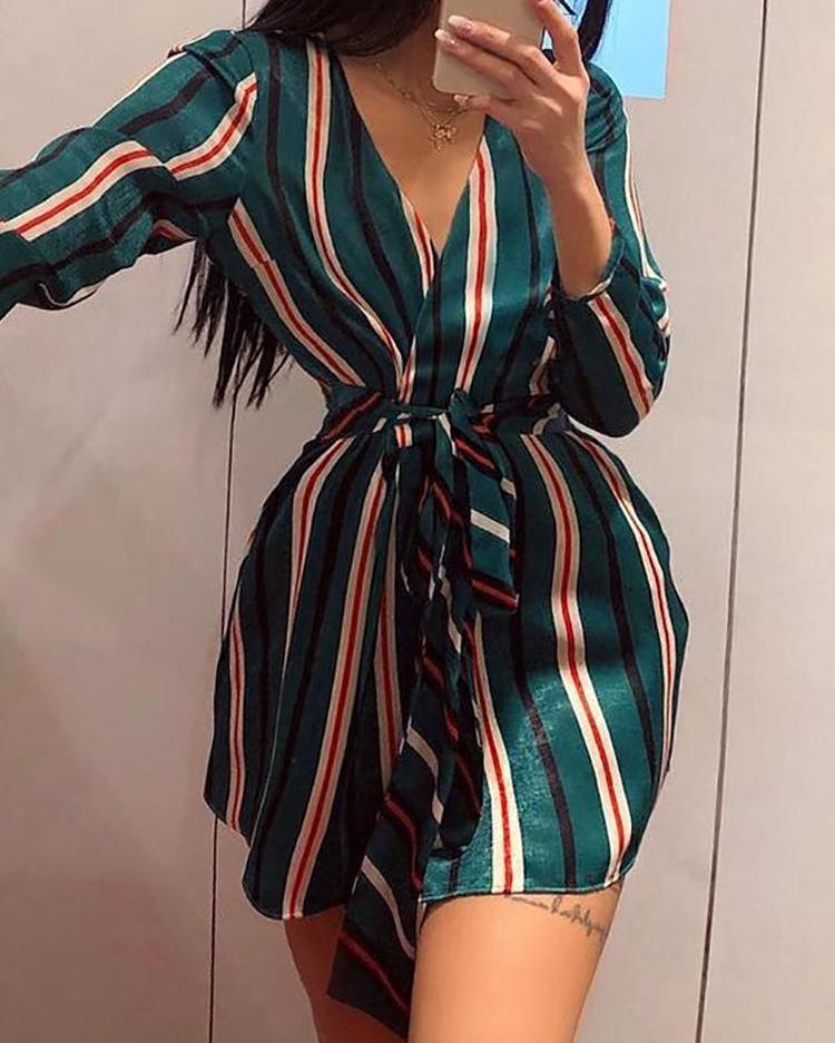 

V-Neck Striped Tied Waist Casual Wrap Dress, Dark green