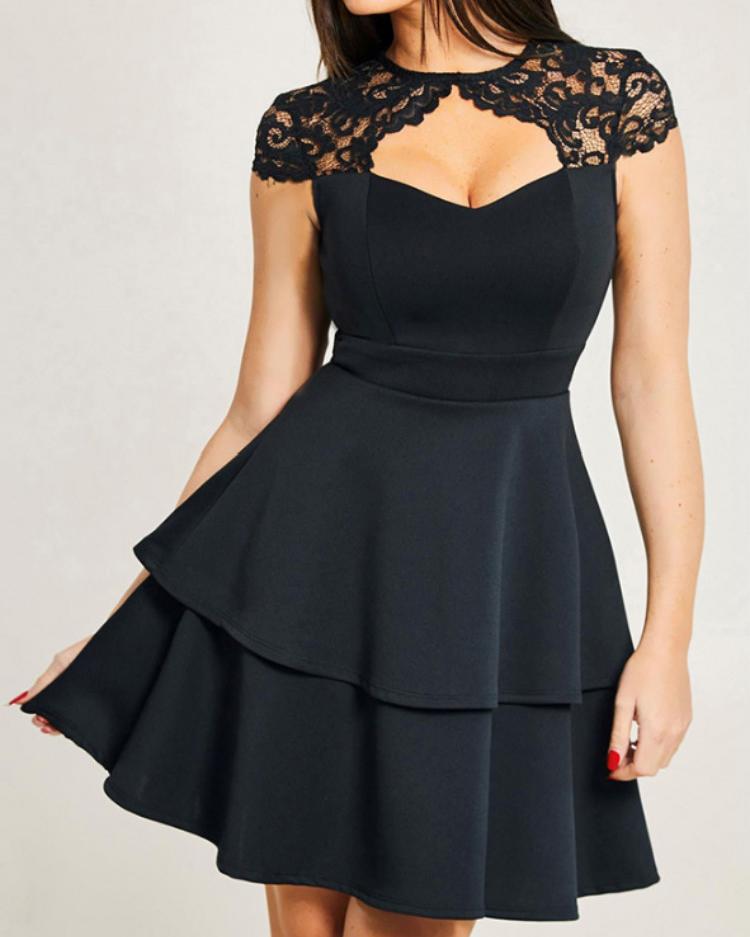 

Lace Cut Out Front Layered Ruffles Dress, Black