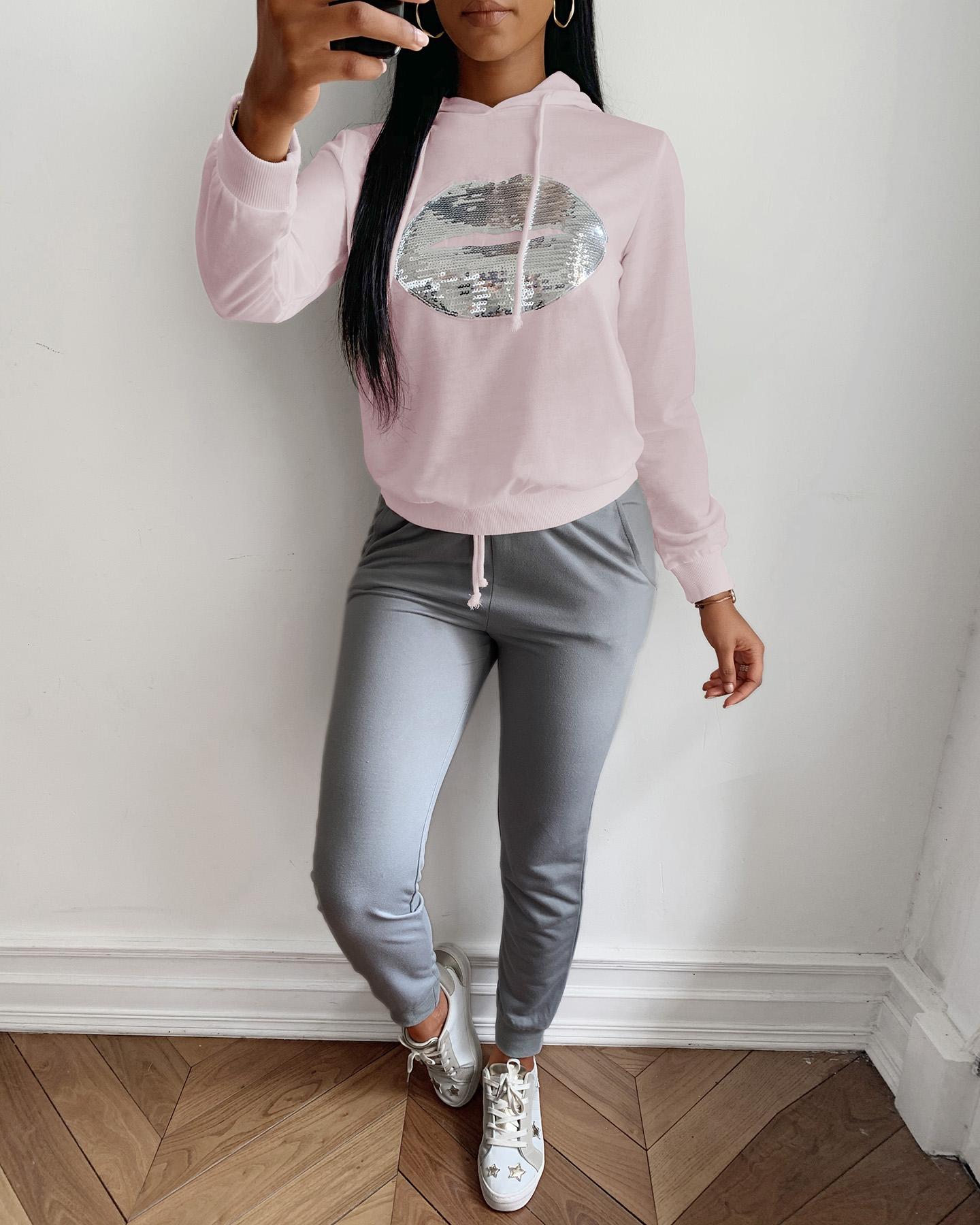

Sequins Hooded Top & Drawstring Design Pant Sets, Pink