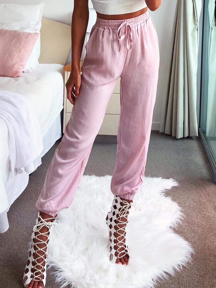 

Solid Shirred Drawstring Elastic Hem Pants, Pink