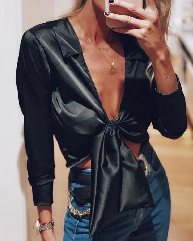 

Sexy Satin Front Tie Blouse, Black