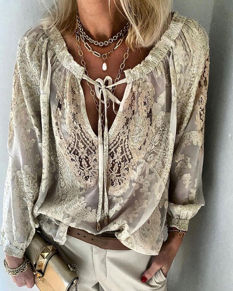 

Crochet Lace Long Sleeve Tie Front Top, Khaki