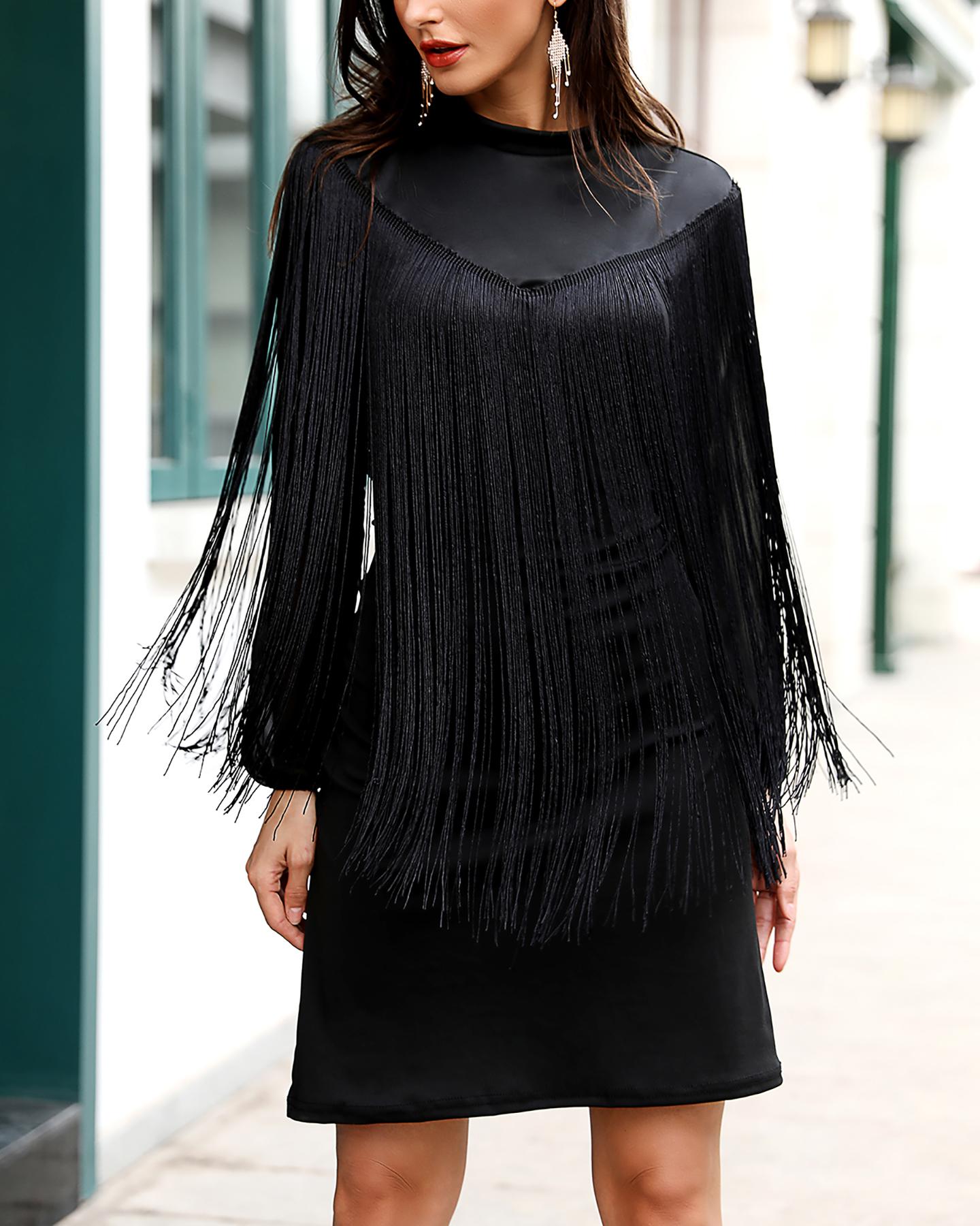 

Sheer Mesh Sleeve Dress With Tassel Cape, Black