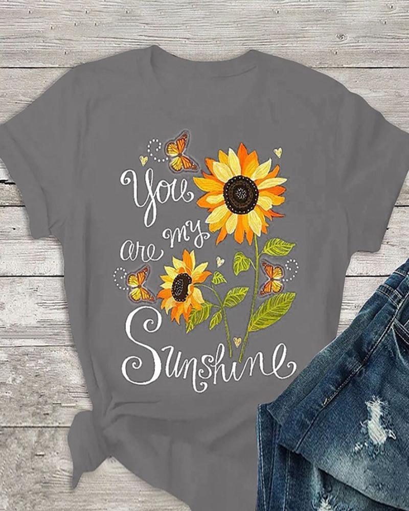 

Sunflower Print Short Sleeve Casual T-shirt, Gray