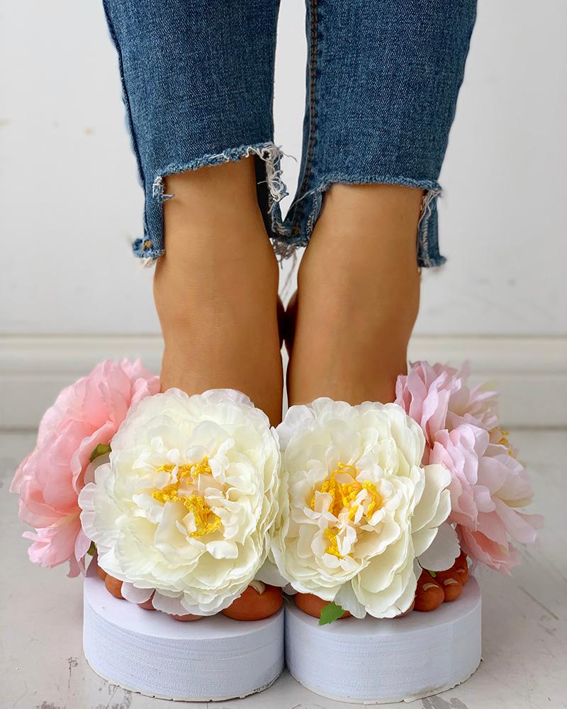 

Flower Embellished Platform Muffin Sandals, White