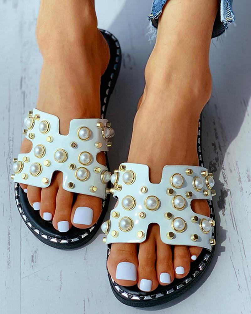 

Beaded Open Toe Flat Sandals, White
