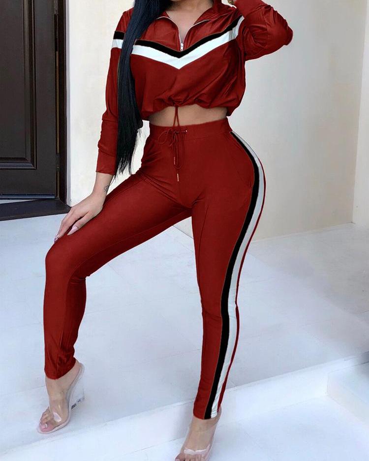

Contrast Stripes Crop Top & Long Pants Sets, Red