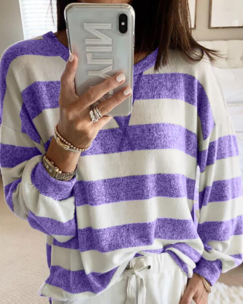 

Round Neck Striped Casual Long Sleeve T-shirt, Purple