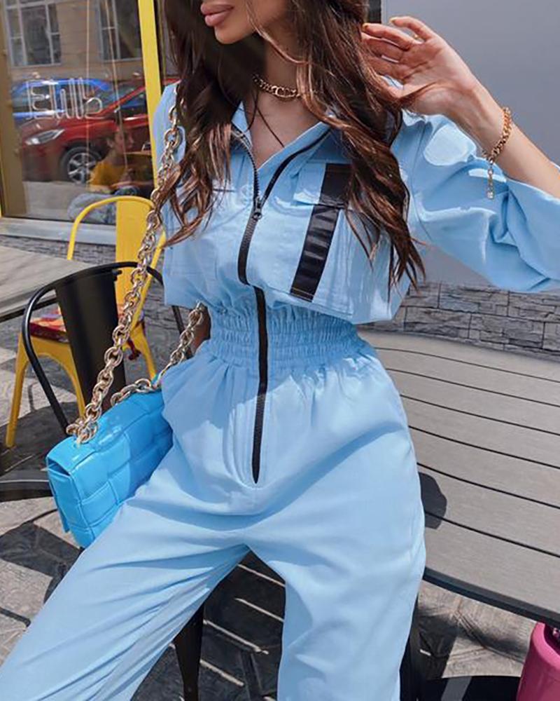 

Pocket Zipper Design Colorblock Cargo Jumpsuit, Light blue