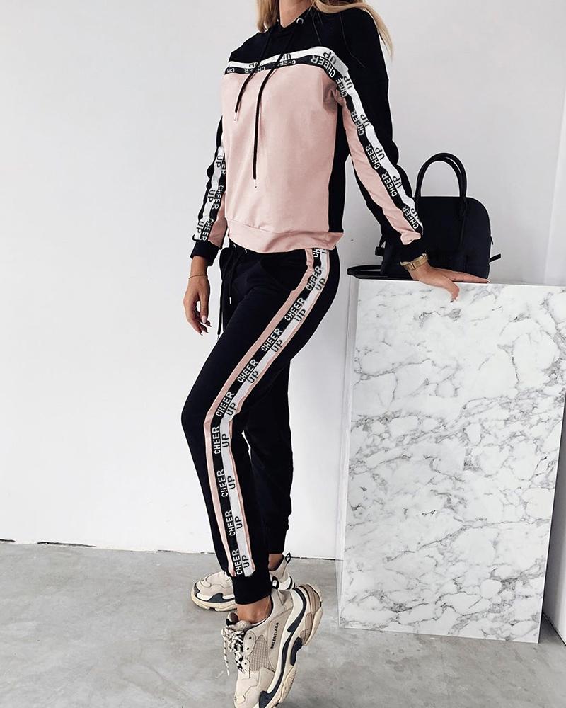 

Colorblock Letter Drawstring Top & Casual Pant Sets, Apricot
