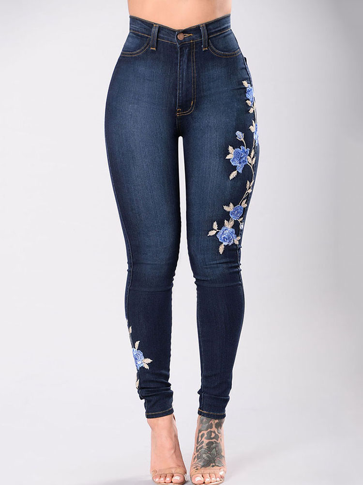 

Fashion Embroidered Slim Fit Denim Pants, Dark blue