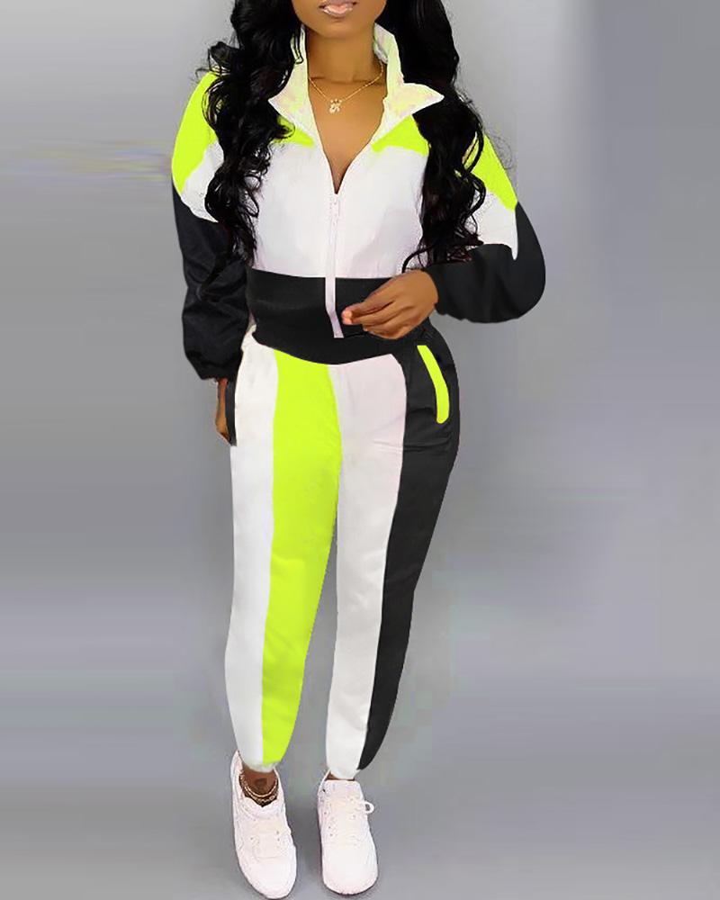 

Turn-down Collar Colorblock Zipper Design Jacket & Pants Sets, Black