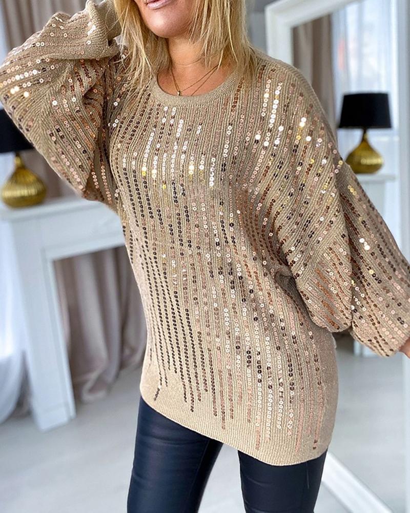 

Sequins Batwing Sleeve Casual Sweater, Brown