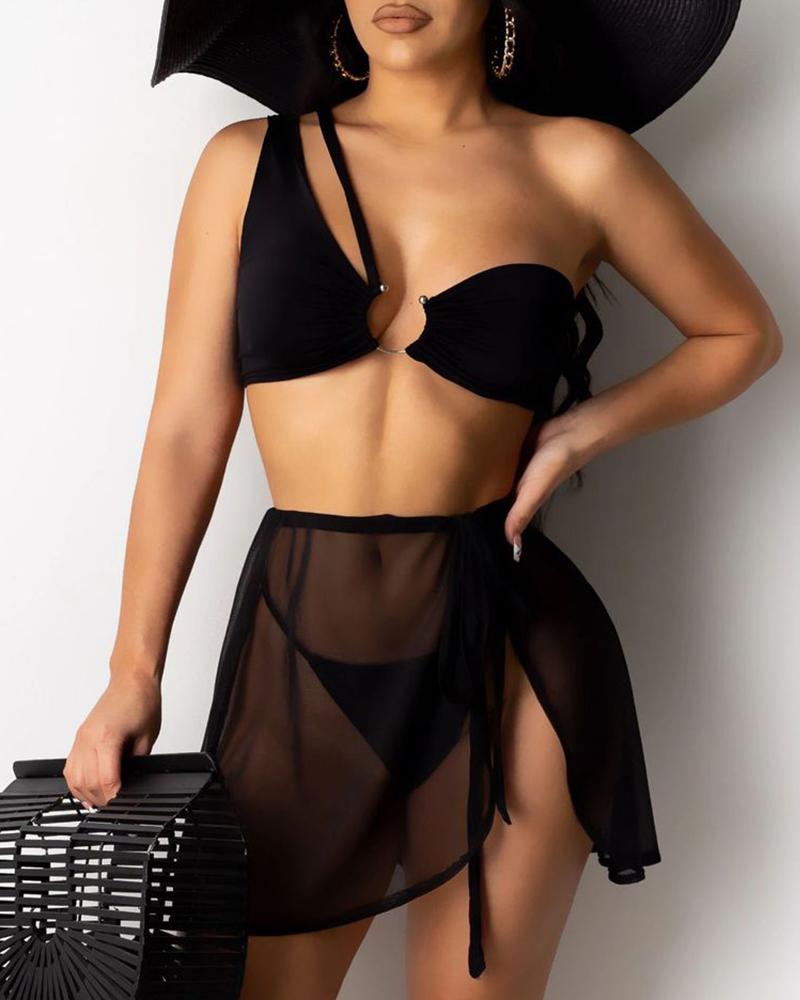 

O-ring Design One Shoulder Bikini & Skirt Set, Black