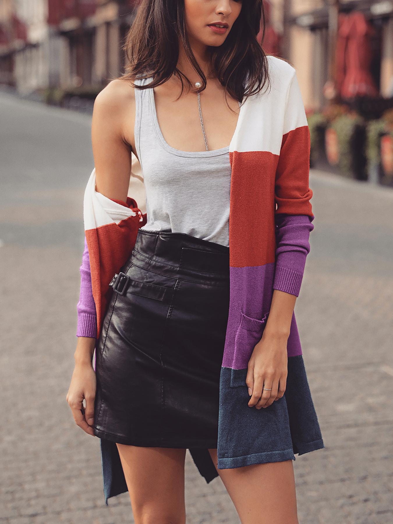 

Colorblock Striped Open Front Casual Cardigan, Red