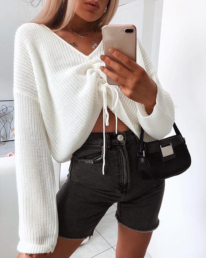

Solid Drawstring Design Casual Sweater, White