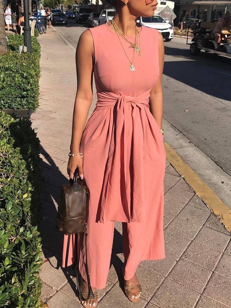 

Casual Solid Sleeveless Belted Wide Leg Jumpsuit, Pink