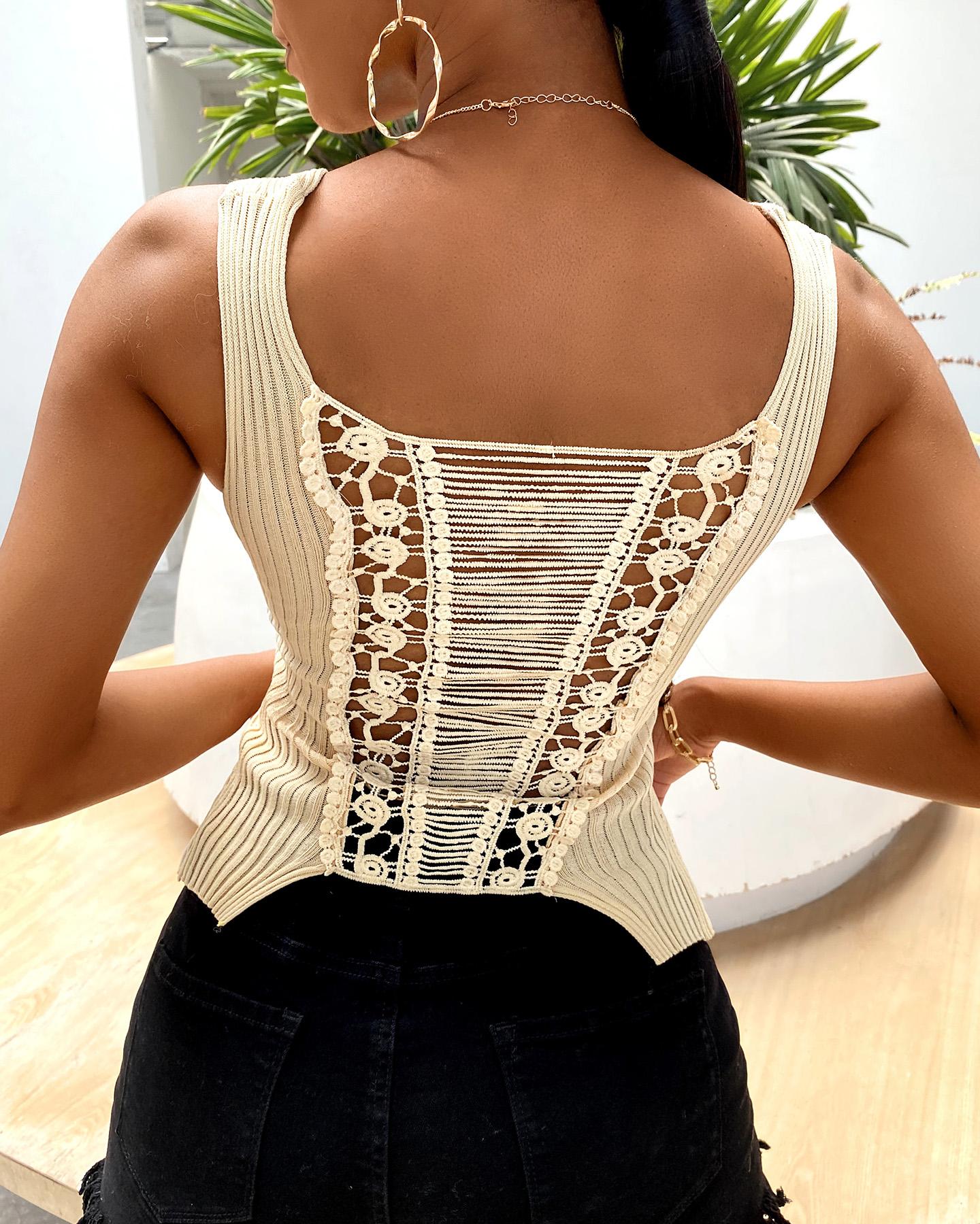 

Thick Strap Guipure Lace Crop Top, Apricot