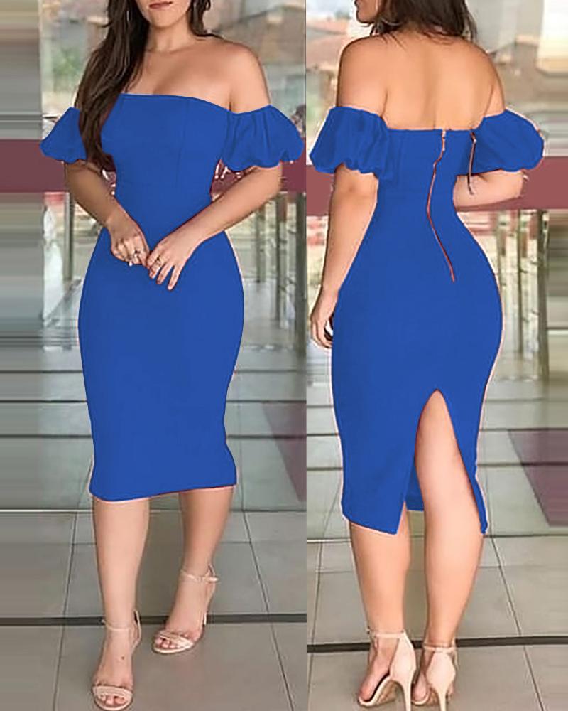 

Off Shoulder Plain Zipper Design Back Slit Dress, Blue