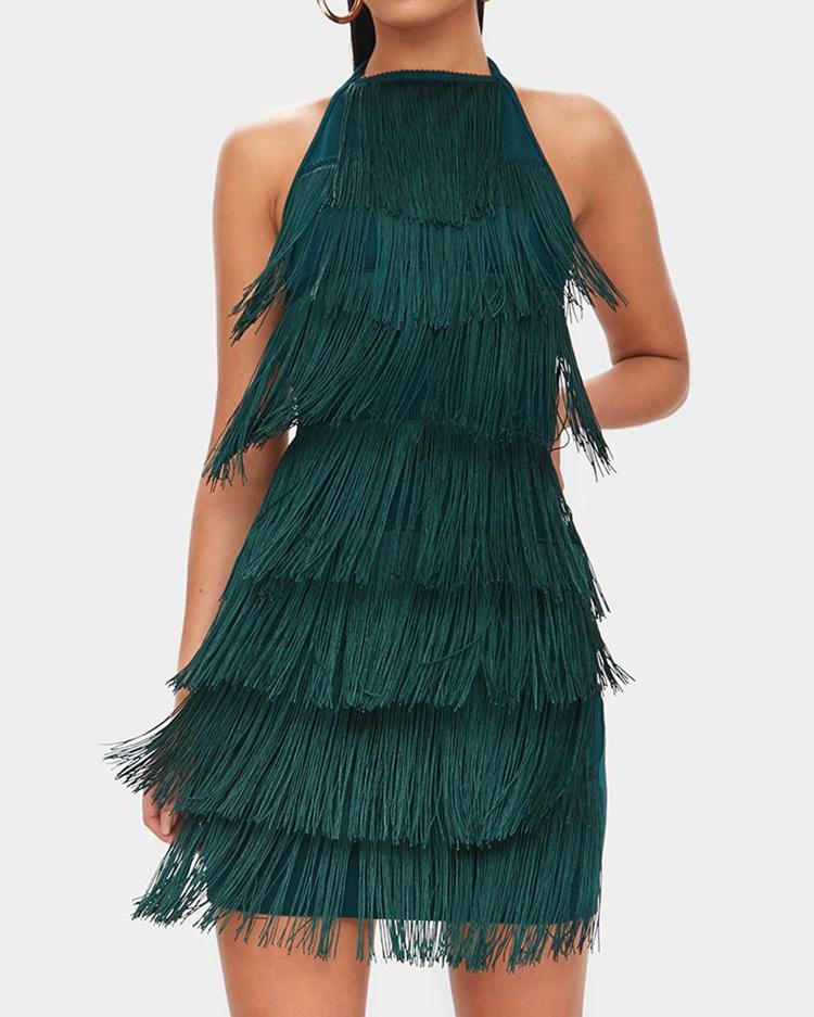 

Halter Layered Tassel Open Back Dress, Green