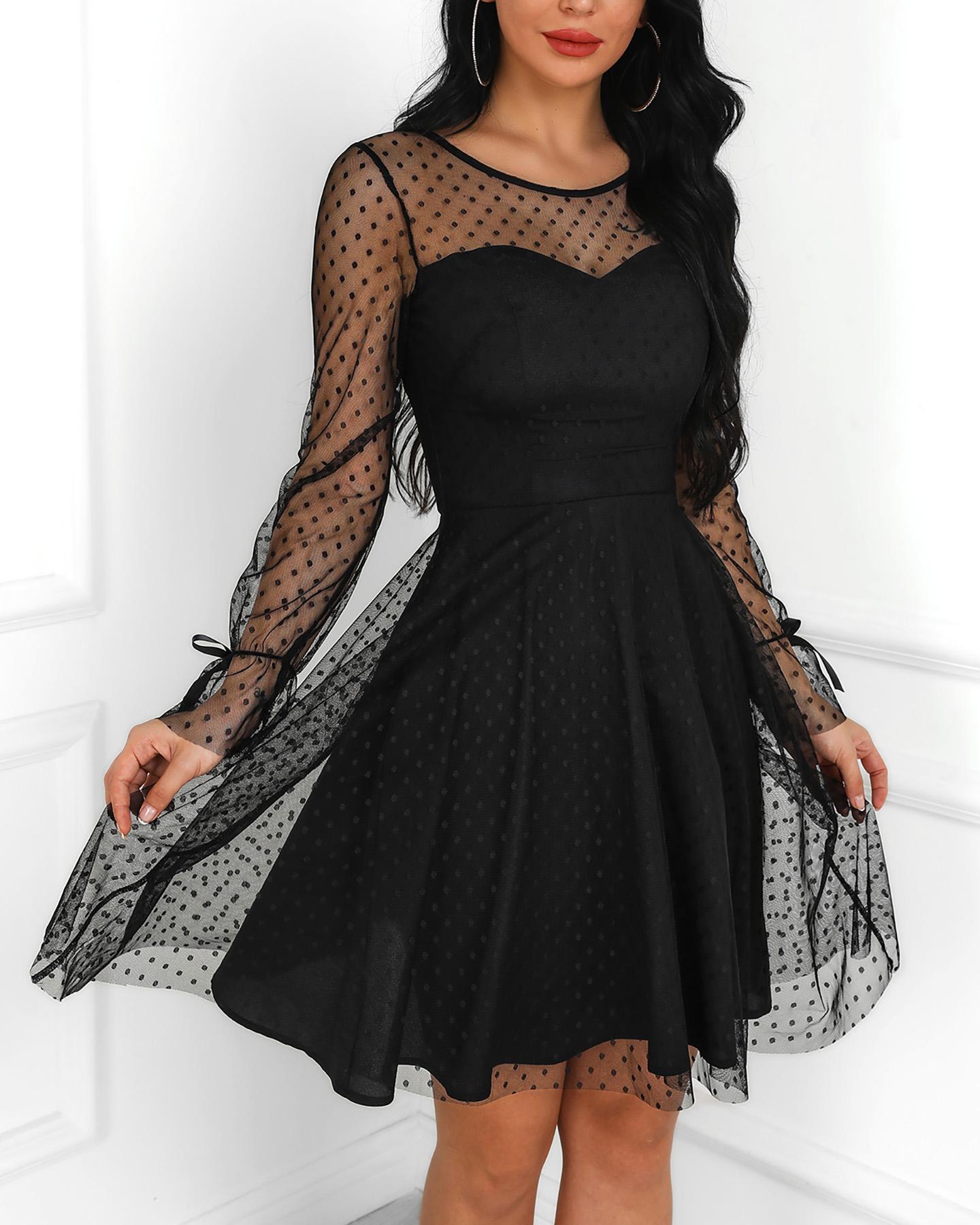 

Sheer Dot Mesh Overlay Tied Cuff Dress, Black