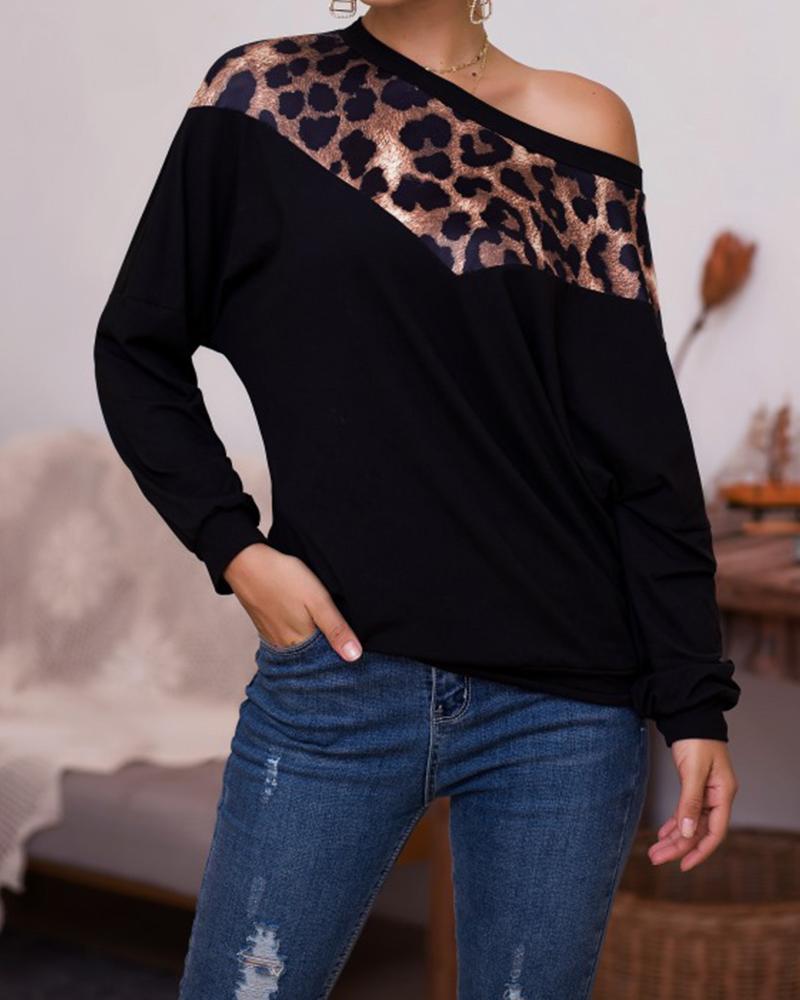 

Leopard Patchwork One Shoulder Long Sleeve Tops