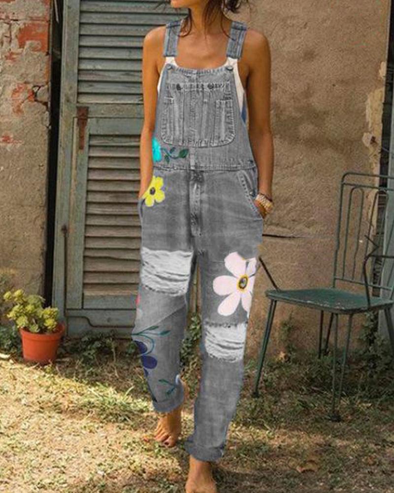 

Ripped Knee Denim Overall Jumpsuit, Gray