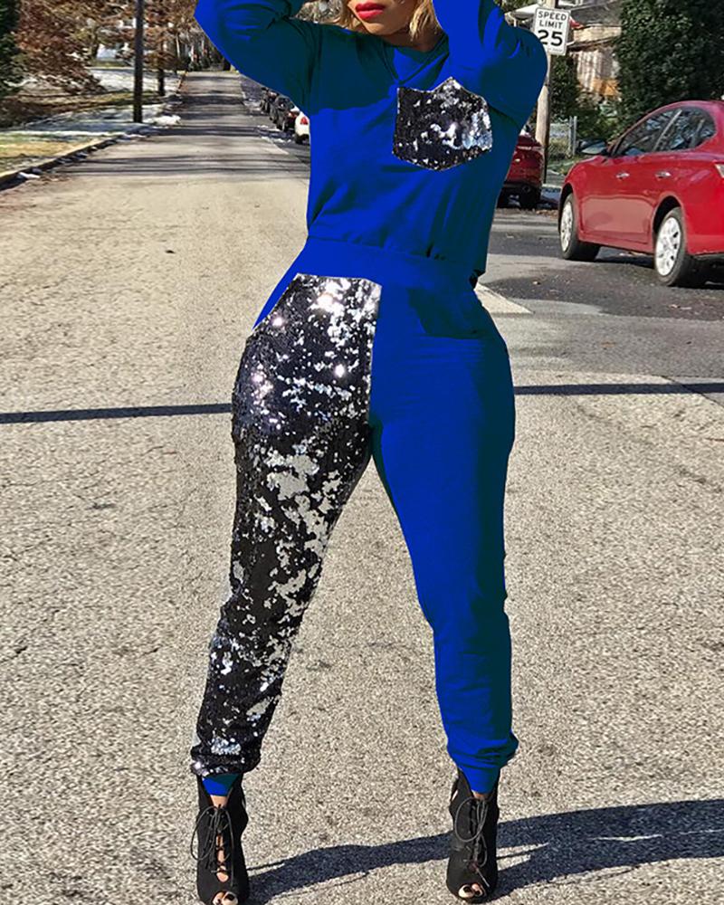 

Sequins Patchwork Colorblock Tracksuit, Blue