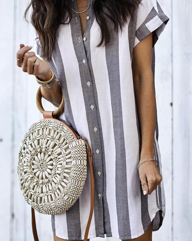 

Fashion Striped Button Through Casual Blouse, Gray