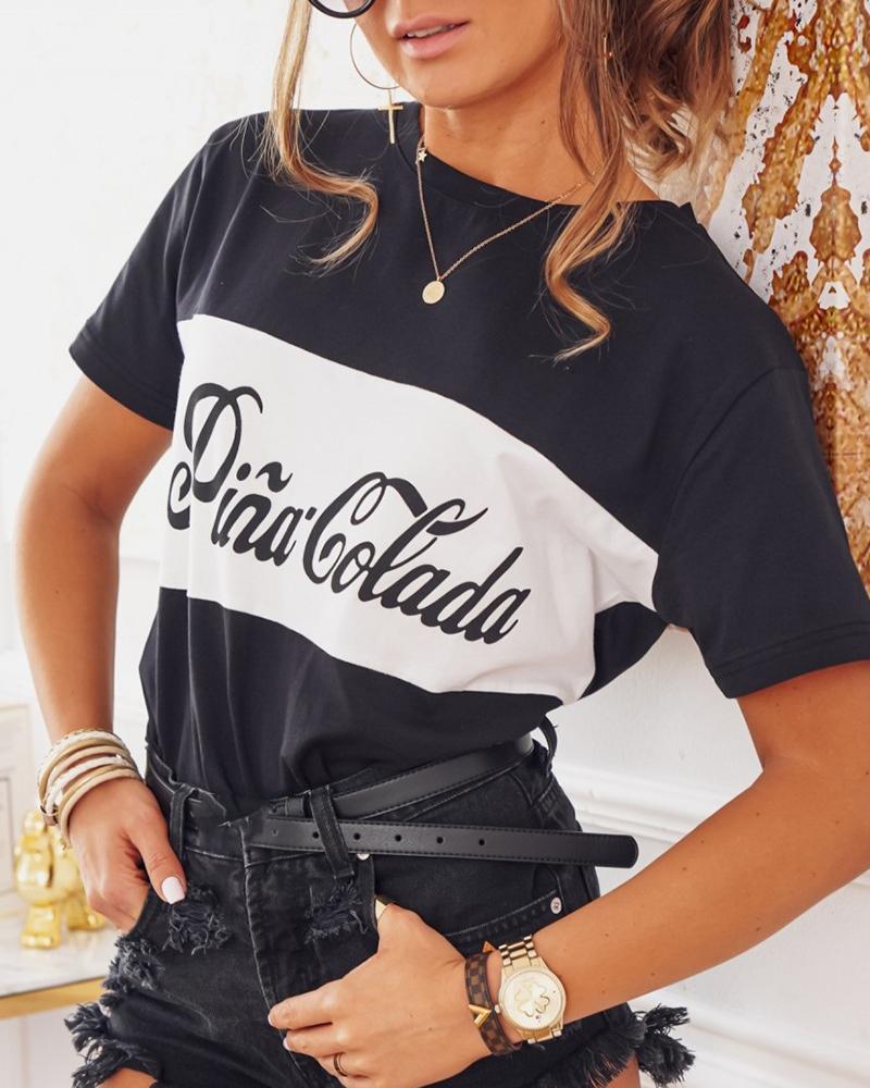 

Letter Print Colorblock Casual T-shirt, Black