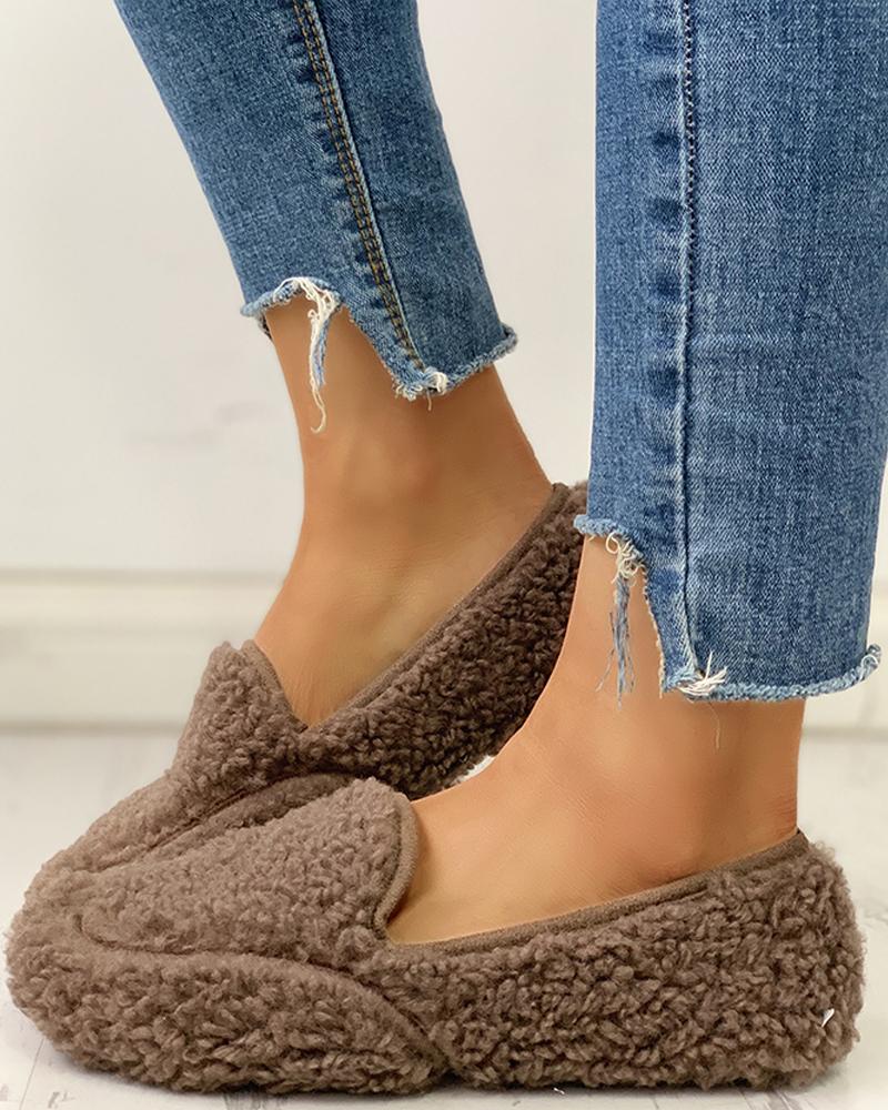 

Fluffy Casual Flat Shoes, Brown