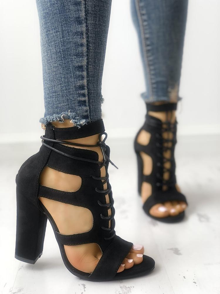 

Lace-up Cutout Chunky Heel Sandals, Black