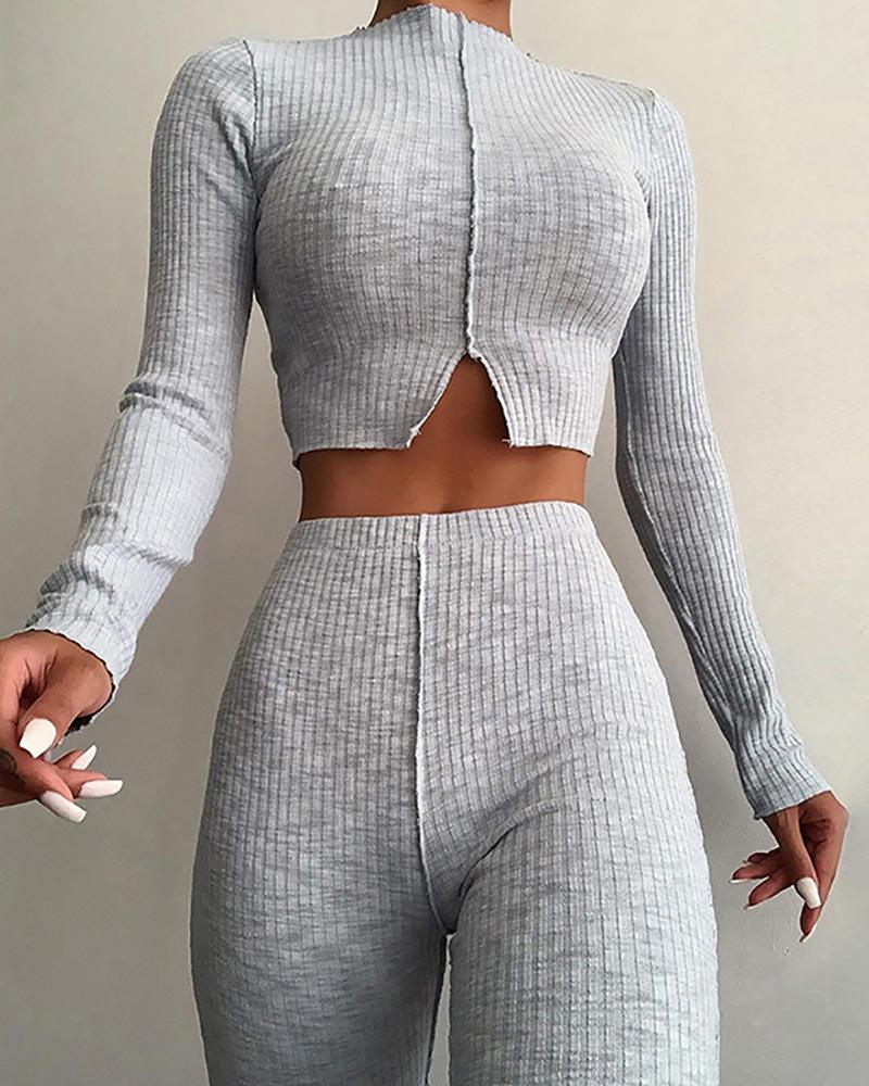 

Plain Long Sleeve Crop Top & High Waist Flared Leg Pants, Gray
