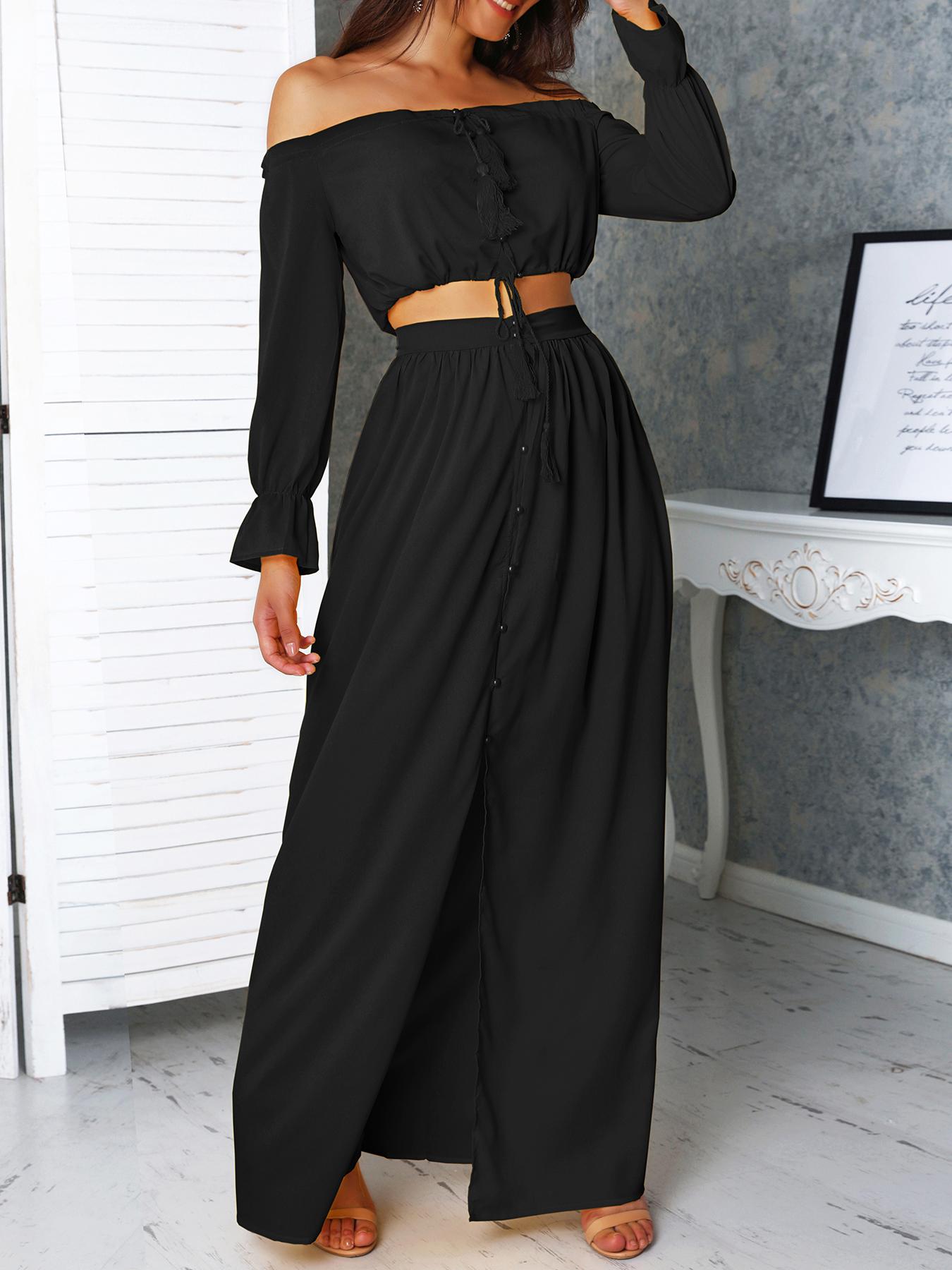 

Solid Off Shoulder Top With Maxi Skirt Sets