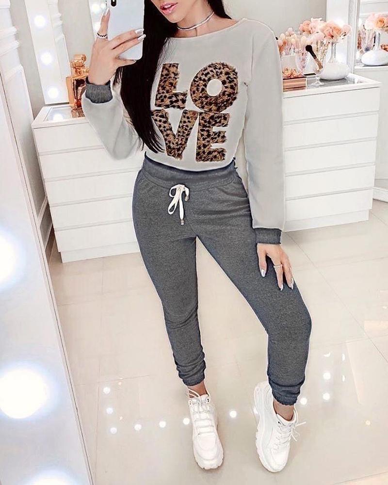 

Letter Cheetah Pattern Fluffy Top & Drawstring Pants Set, Leopard