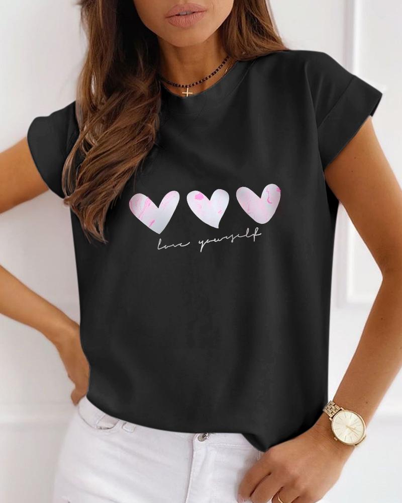 

Heart Print Letter Patter Casual T-shirt, Black