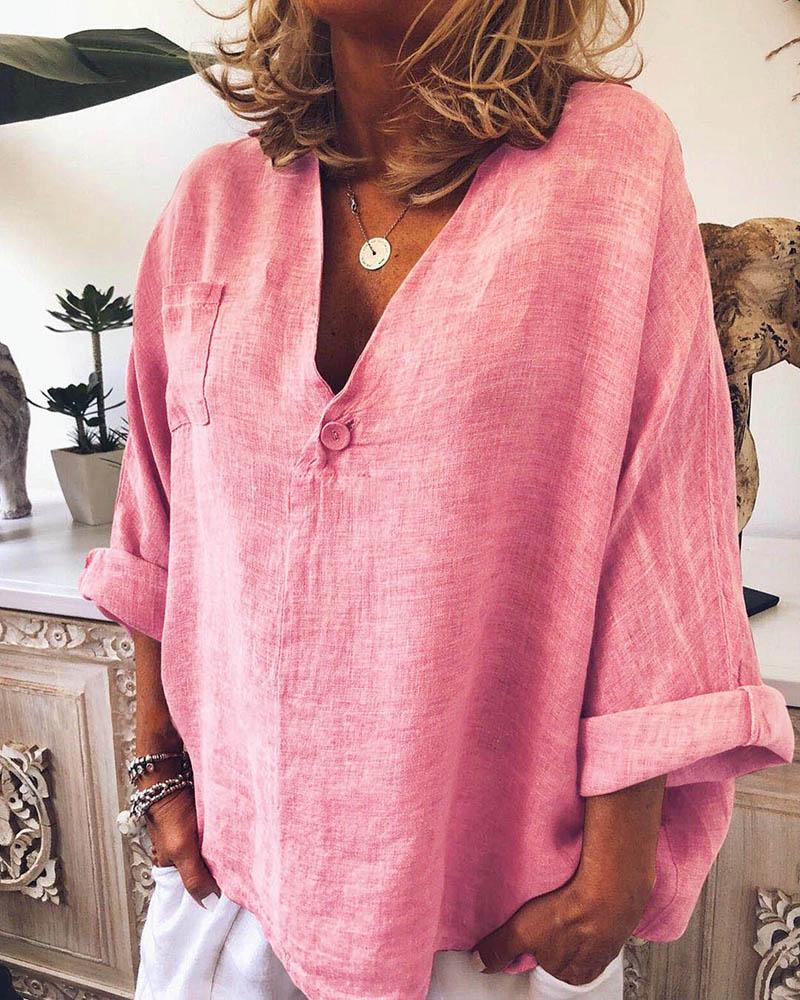 

Solid Long Sleeve Casual Top, Pink